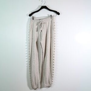 NEW SOH Cashmere Wool Sea Pearl Embellished Trim Sweater Knit Jogger Pants Gray